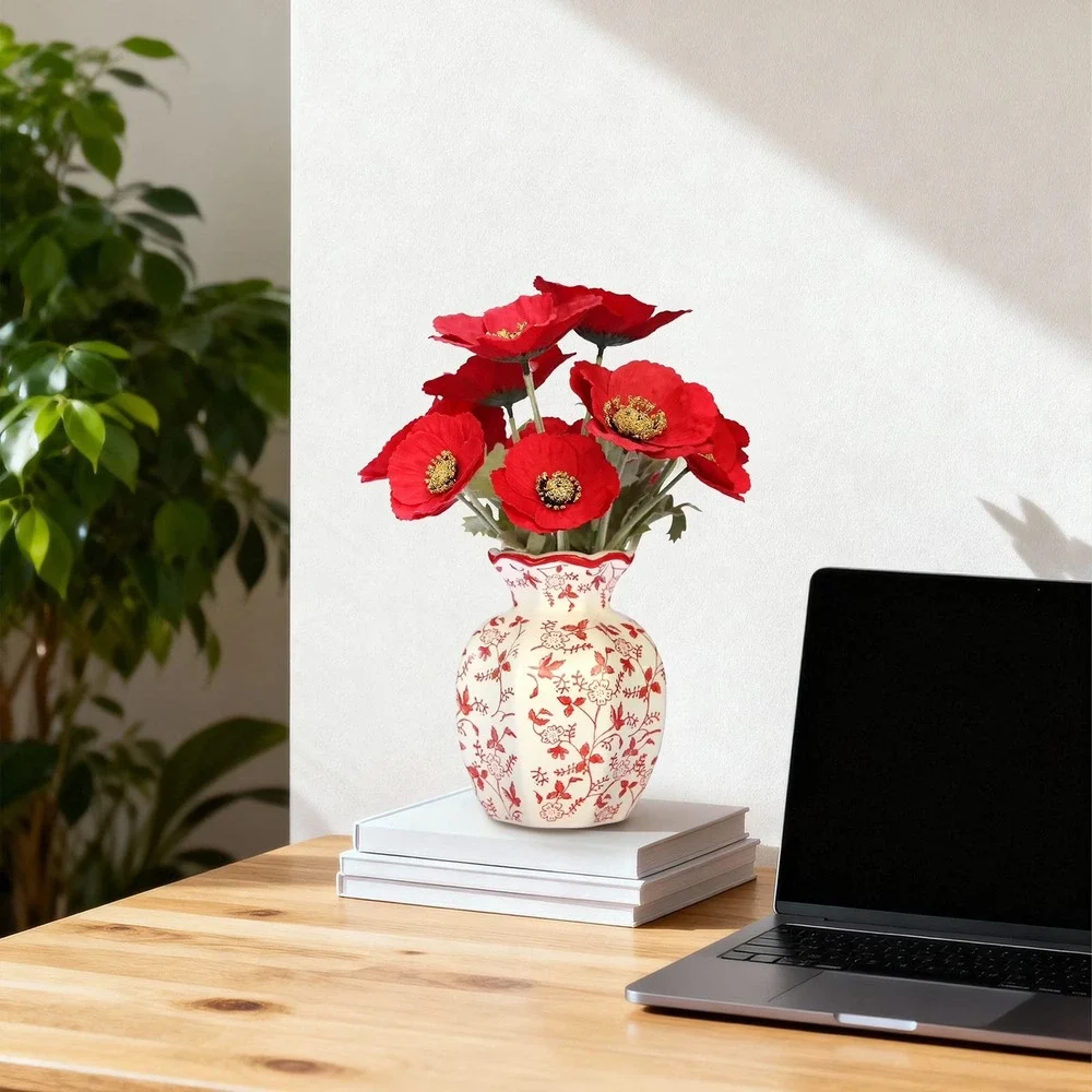 My Texas House Faux Poppies in Red & White Floral Vase